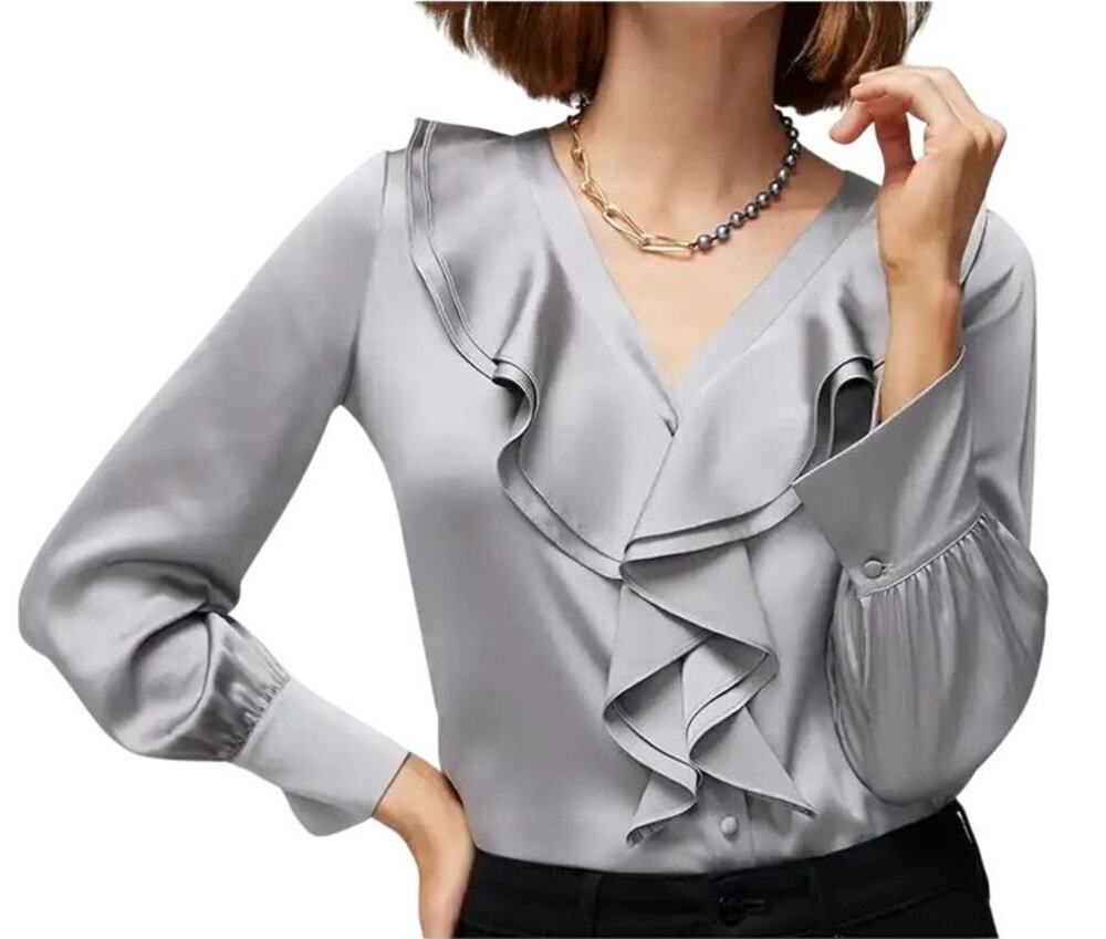 NWT WHBM Ruffle Front Blouse in Mercury, M